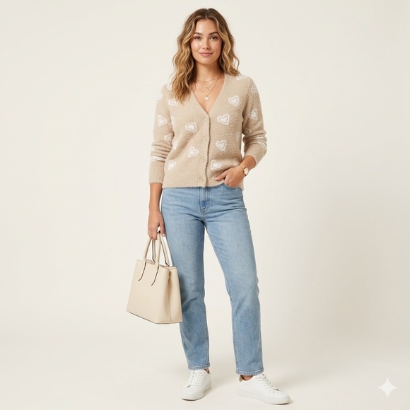 Bailey 44 Sweaters - Bailey 44 Cozy Beige Heart Print Fuzzy Cardigan Soft Knit Sweater Cottagecore SM